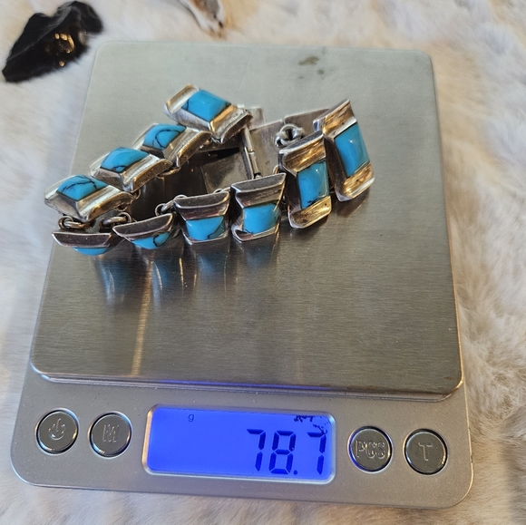 Reserved😍Amazing 950 Silver Taxco Turquoise (Block) Panel Bracelet - Picture 2 of 8